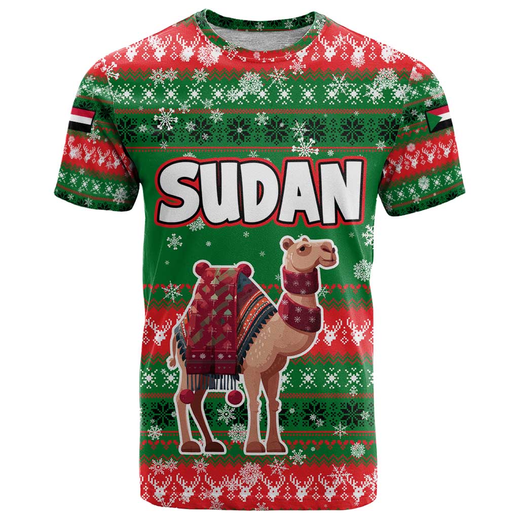 Sudan Christmas T Shirt with Green Red Xmas Camel Snowflake and Coat of Arms - Wonder Print Shop