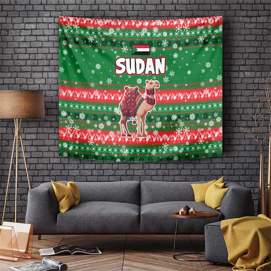 Sudan Christmas Tapestry with Green Red Xmas Camel Snowflake and Coat of Arms - Wonder Print Shop