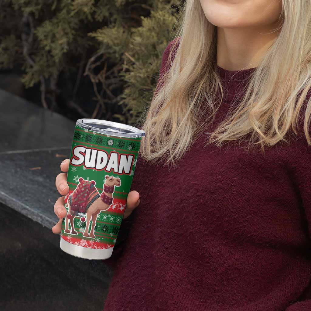 Sudan Christmas Tumbler Cup with Green Red Xmas Camel Snowflake and Coat of Arms - Wonder Print Shop