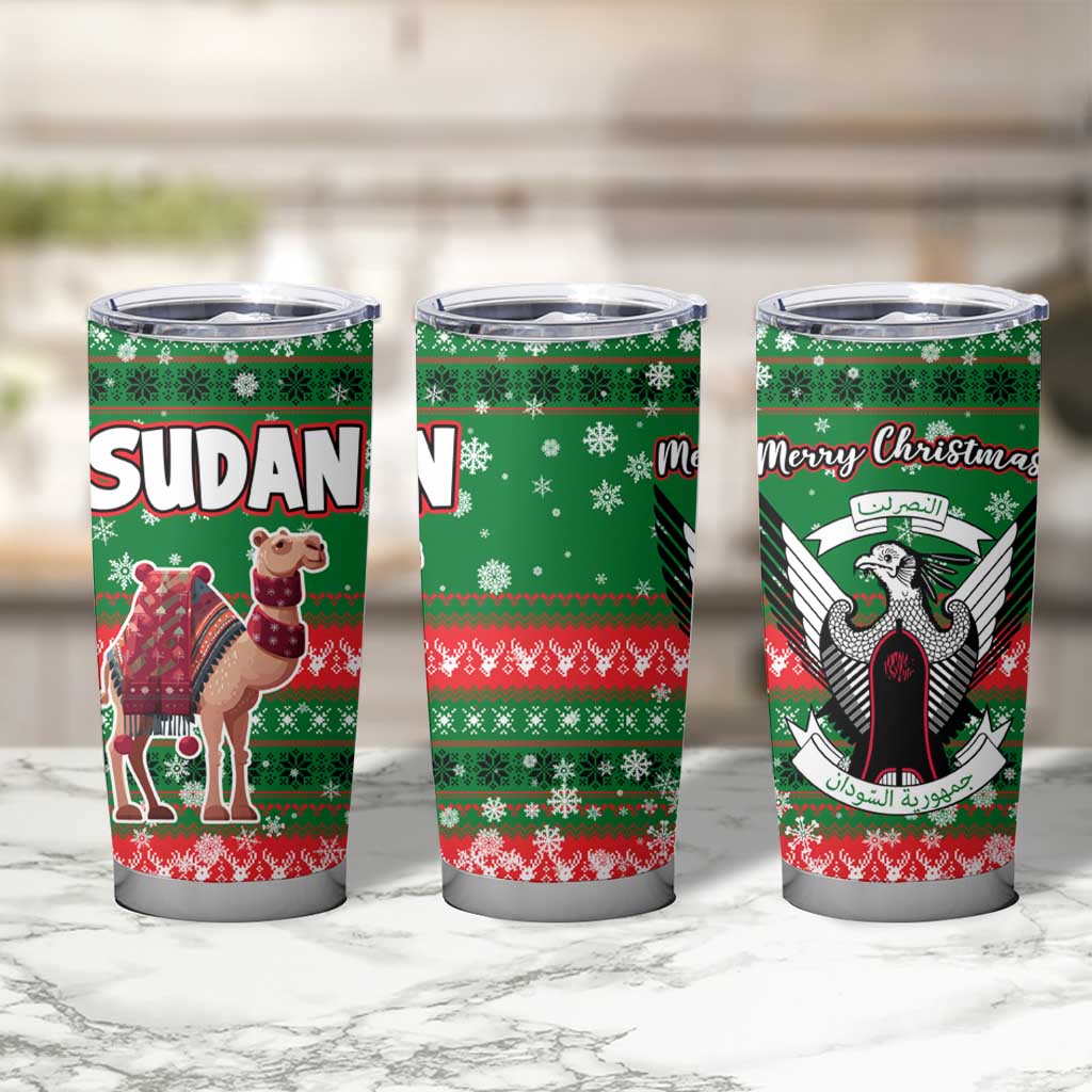 Sudan Christmas Tumbler Cup with Green Red Xmas Camel Snowflake and Coat of Arms - Wonder Print Shop