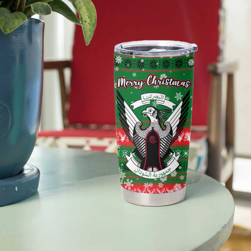 Sudan Christmas Tumbler Cup with Green Red Xmas Camel Snowflake and Coat of Arms - Wonder Print Shop