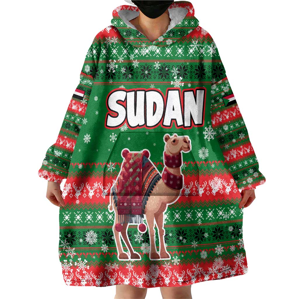 Sudan Christmas Wearable Blanket Hoodie with Green Red Xmas Camel Snowflake and Coat of Arms - Wonder Print Shop