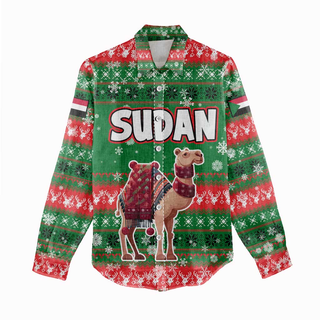 Sudan Christmas Women Casual Shirt with Green Red Xmas Camel Snowflake and Coat of Arms - Wonder Print Shop