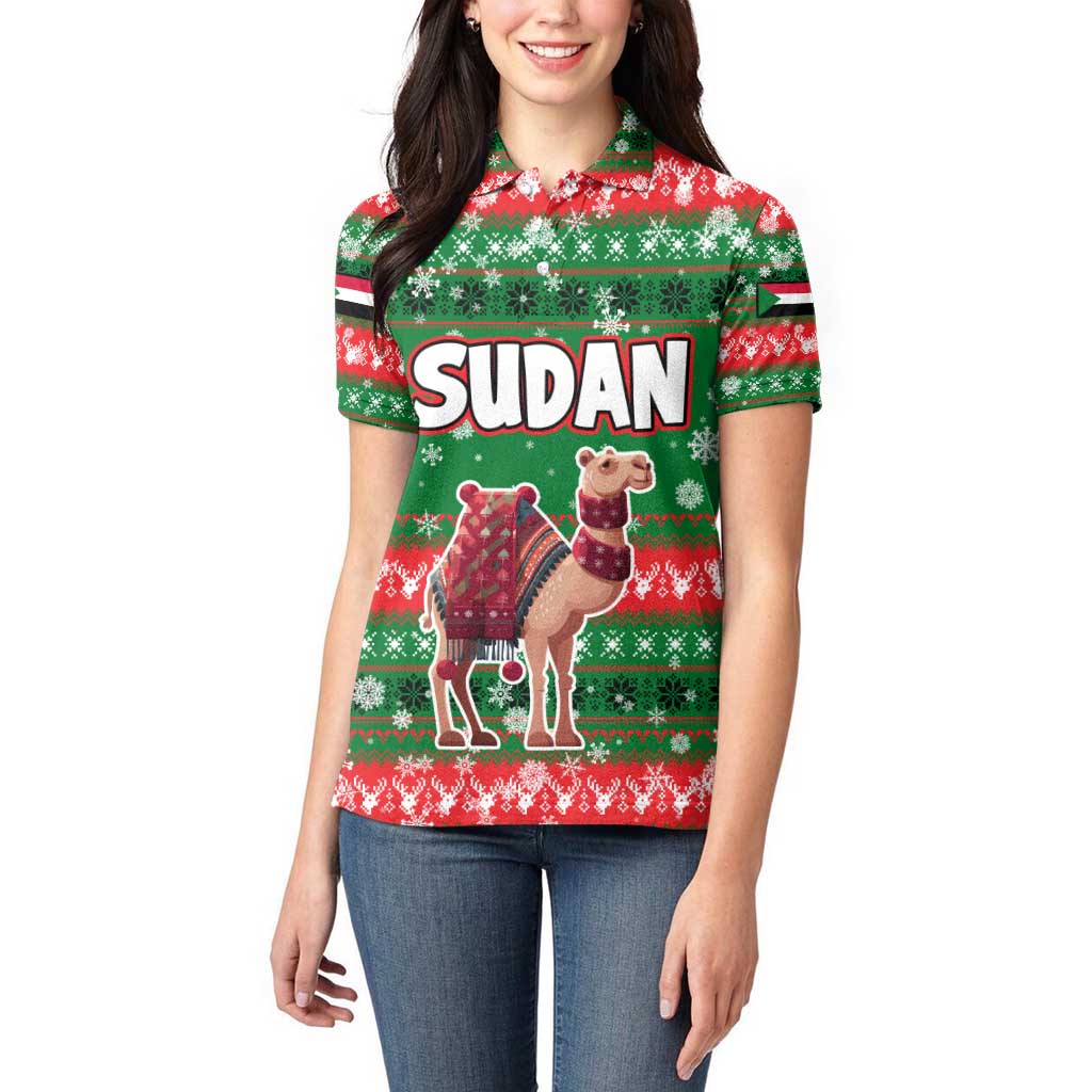 Sudan Christmas Women Polo Shirt with Green Red Xmas Camel Snowflake and Coat of Arms - Wonder Print Shop
