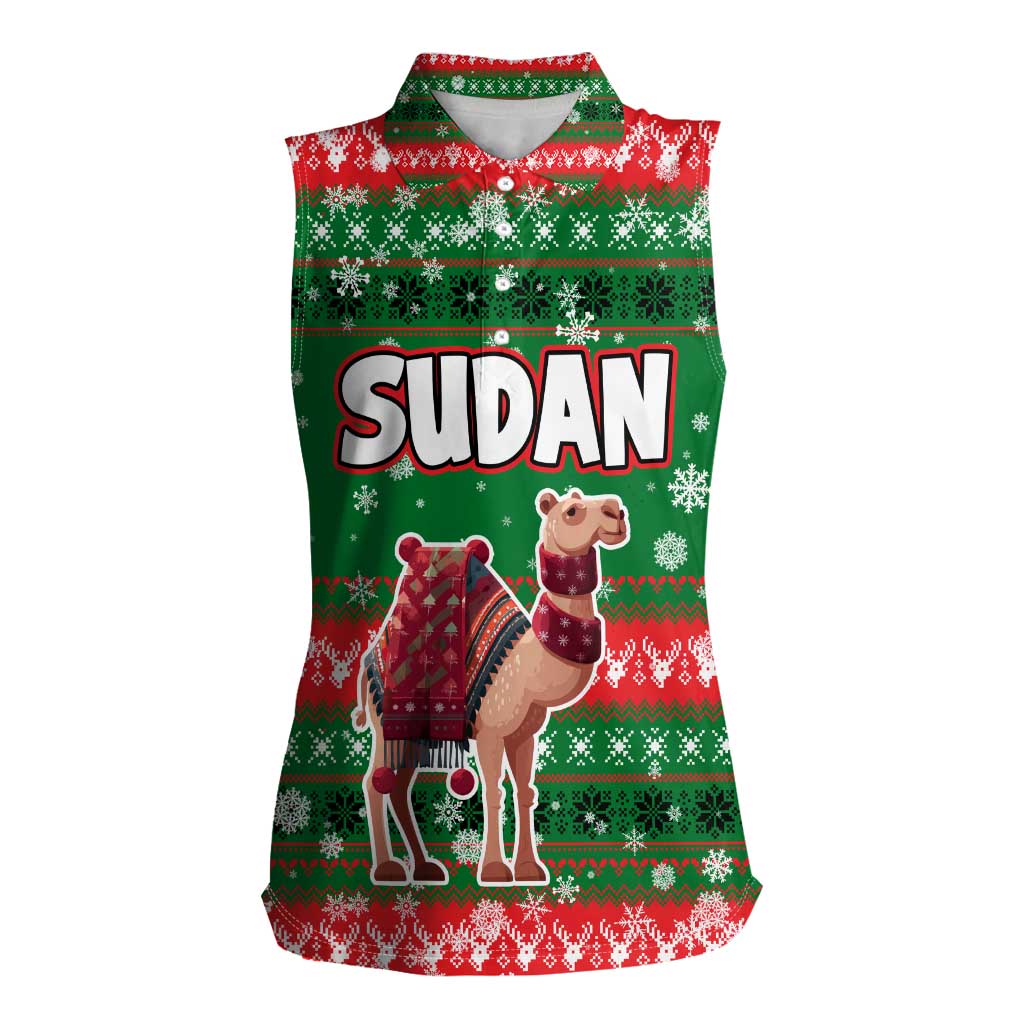 Sudan Christmas Women Sleeveless Polo Shirt with Green Red Xmas Camel Snowflake and Coat of Arms - Wonder Print Shop