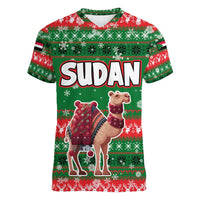 Sudan Christmas Women V-Neck T-Shirt with Green Red Xmas Camel Snowflake and Coat of Arms - Wonder Print Shop