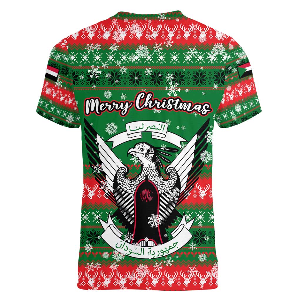 Sudan Christmas Women V-Neck T-Shirt with Green Red Xmas Camel Snowflake and Coat of Arms - Wonder Print Shop