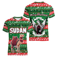 Sudan Christmas Women V-Neck T-Shirt with Green Red Xmas Camel Snowflake and Coat of Arms - Wonder Print Shop