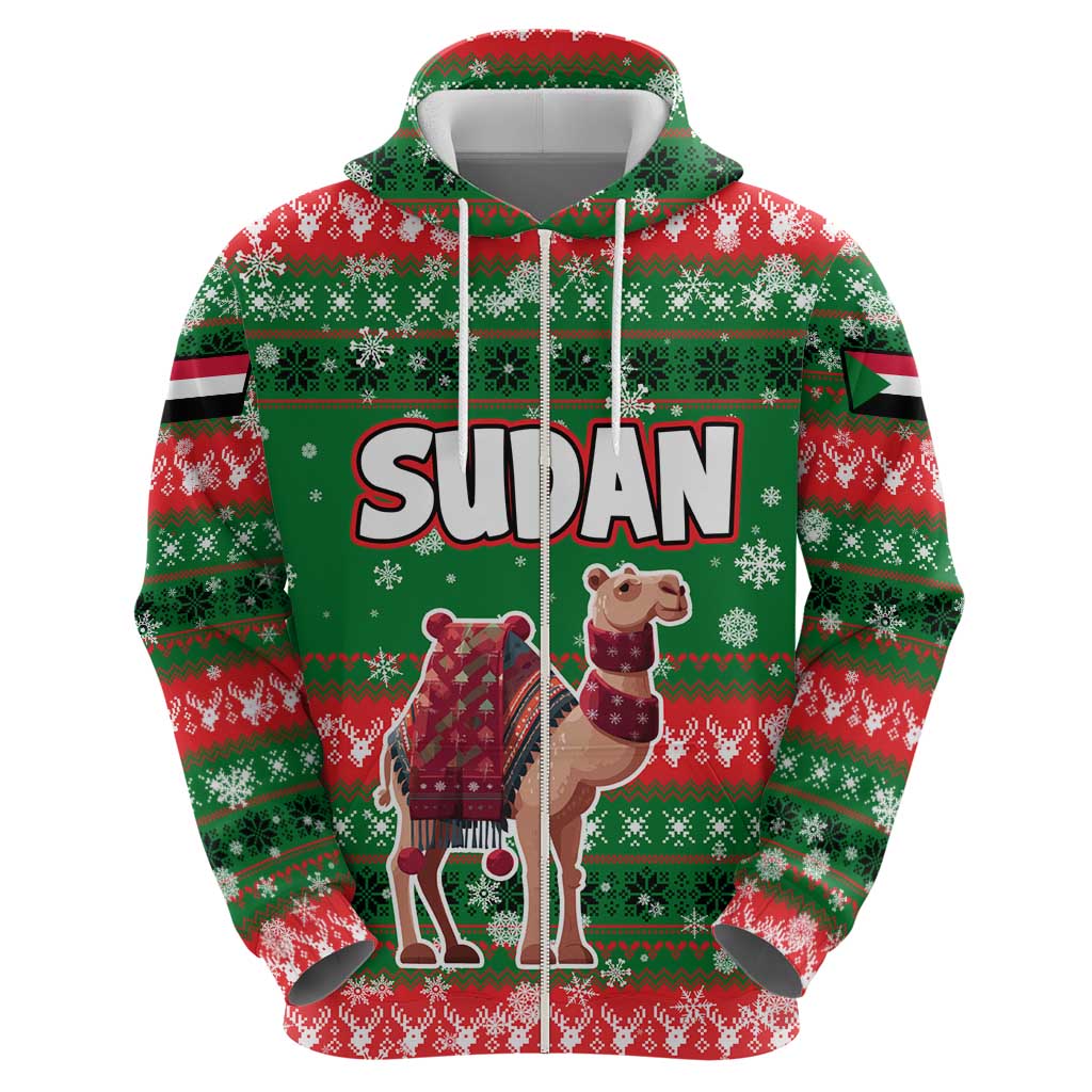 Sudan Christmas Zip Hoodie with Green Red Xmas Camel Snowflake and Coat of Arms - Wonder Print Shop