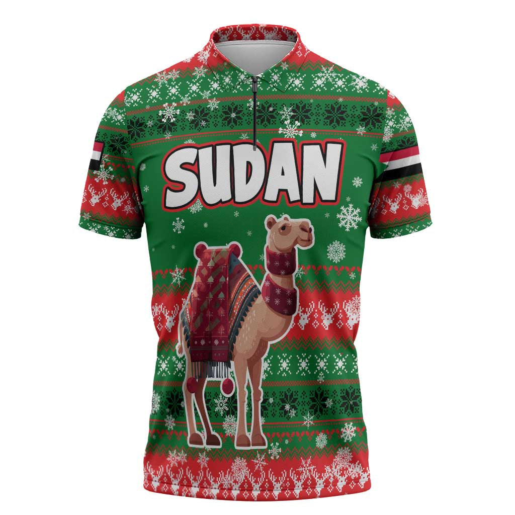 Sudan Christmas Zipper Polo Shirt with Green Red Xmas Camel Snowflake and Coat of Arms - Wonder Print Shop
