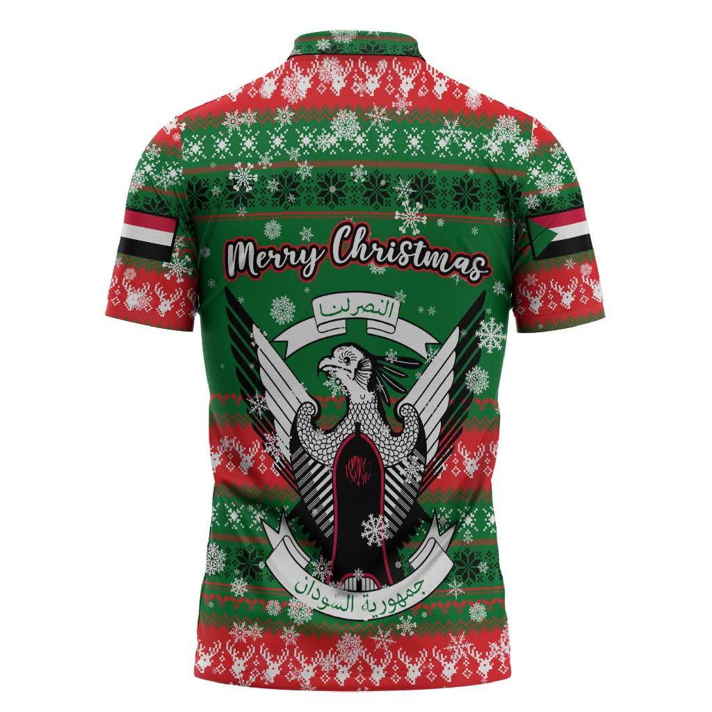 Sudan Christmas Zipper Polo Shirt with Green Red Xmas Camel Snowflake and Coat of Arms - Wonder Print Shop