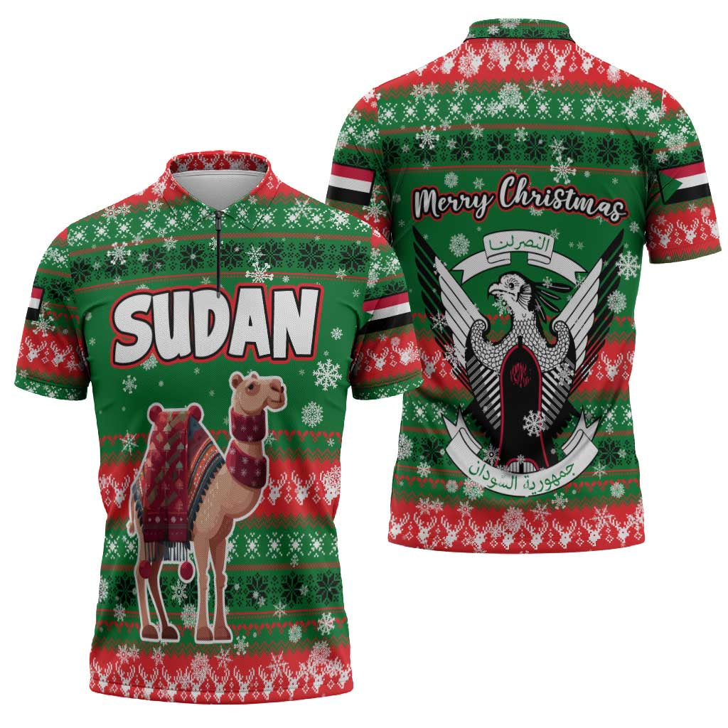 Sudan Christmas Zipper Polo Shirt with Green Red Xmas Camel Snowflake and Coat of Arms - Wonder Print Shop