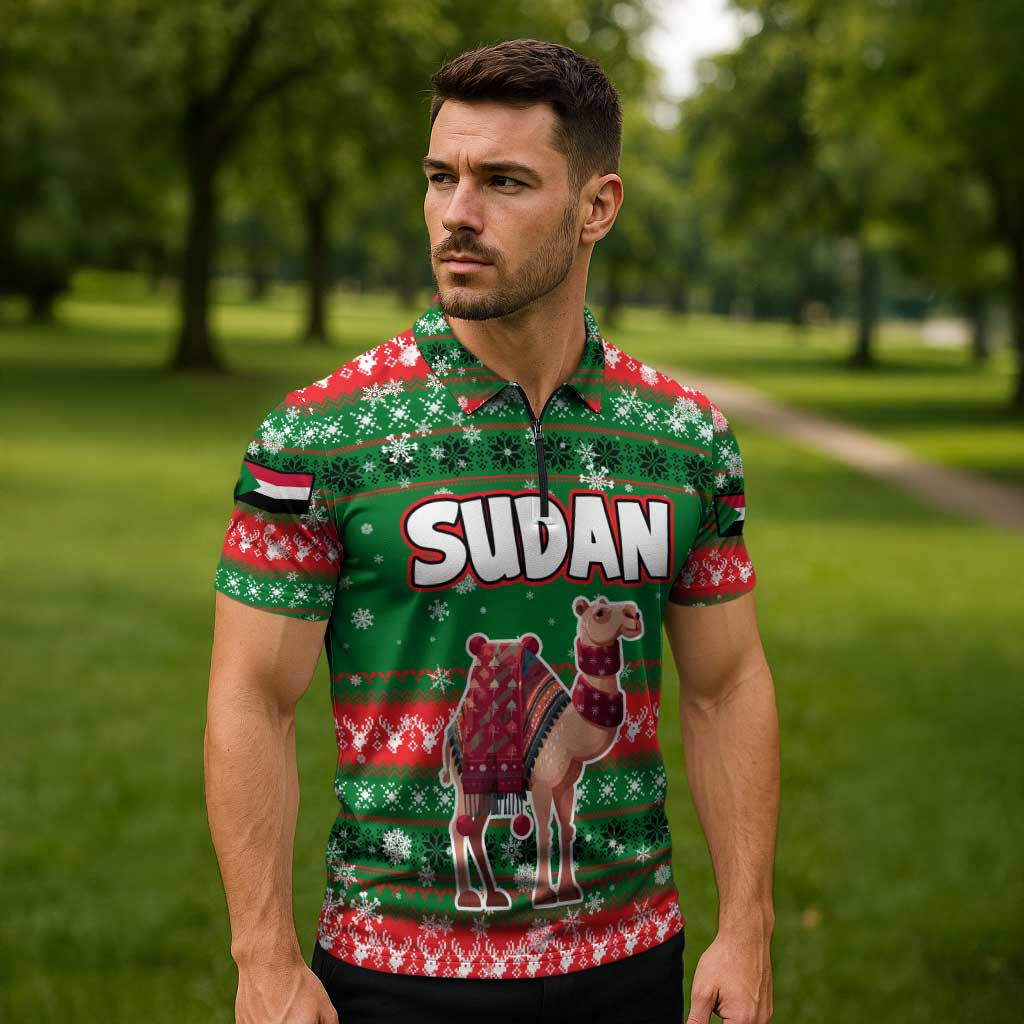 Sudan Christmas Zipper Polo Shirt with Green Red Xmas Camel Snowflake and Coat of Arms - Wonder Print Shop
