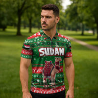 Sudan Christmas Zipper Polo Shirt with Green Red Xmas Camel Snowflake and Coat of Arms - Wonder Print Shop