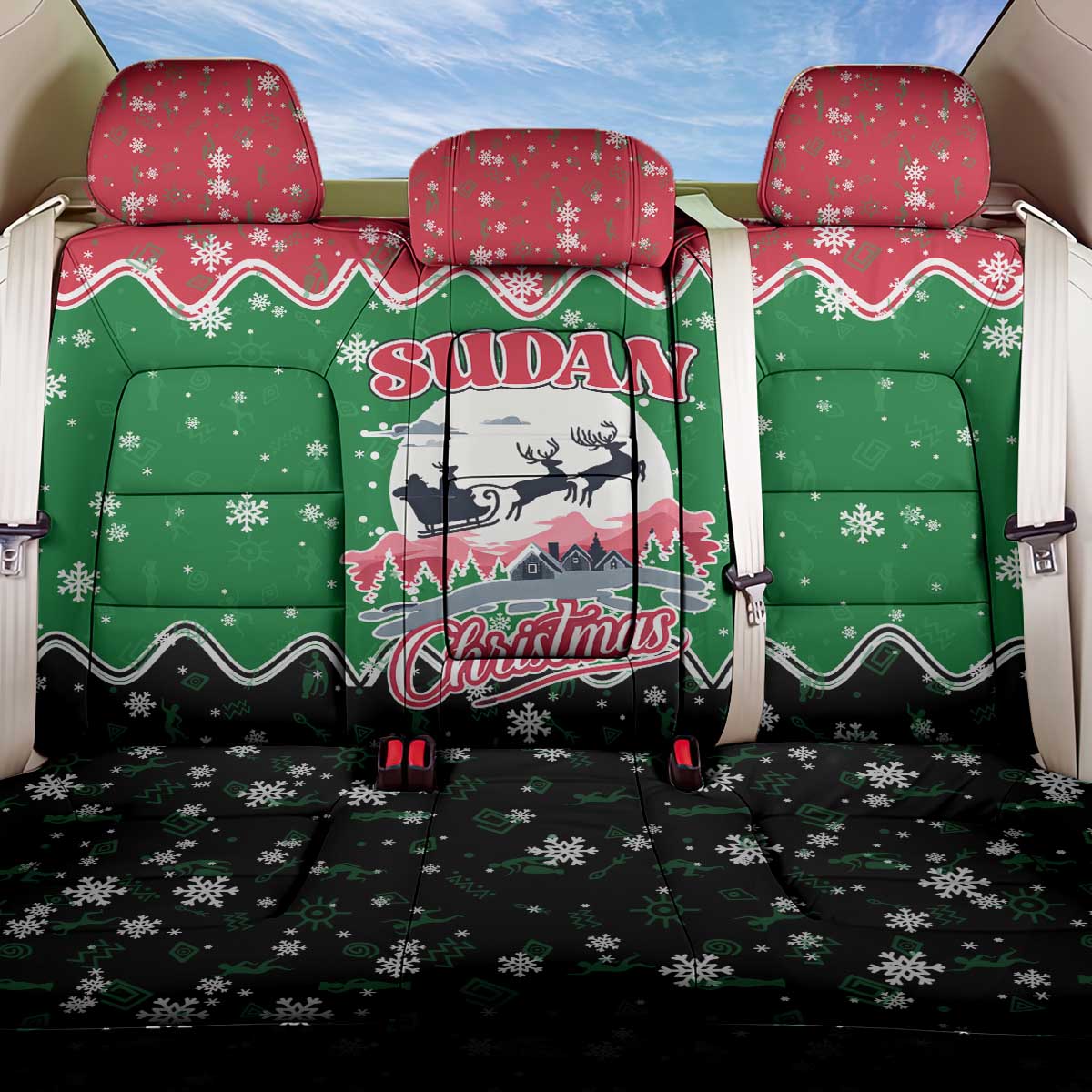 Sudan Christmas Back Car Seat Cover with Red Green Black Xmas Santa Sleigh and Map - Wonder Print Shop