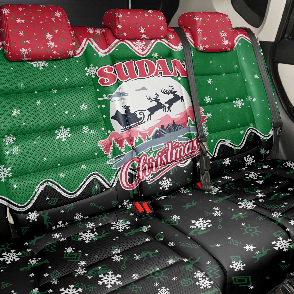 Sudan Christmas Back Car Seat Cover with Red Green Black Xmas Santa Sleigh and Map - Wonder Print Shop