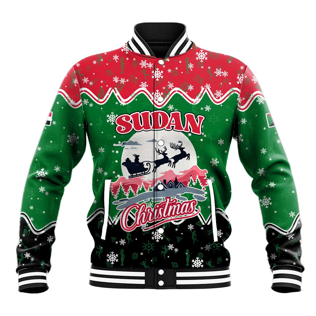 Sudan Christmas Baseball Jacket with Red Green Black Xmas Santa Sleigh and Map - Wonder Print Shop