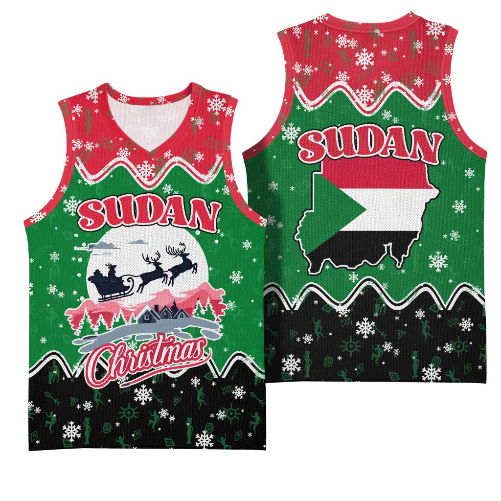 Sudan Christmas Basketball Jersey with Red Green Black Xmas Santa Sleigh and Map - Wonder Print Shop