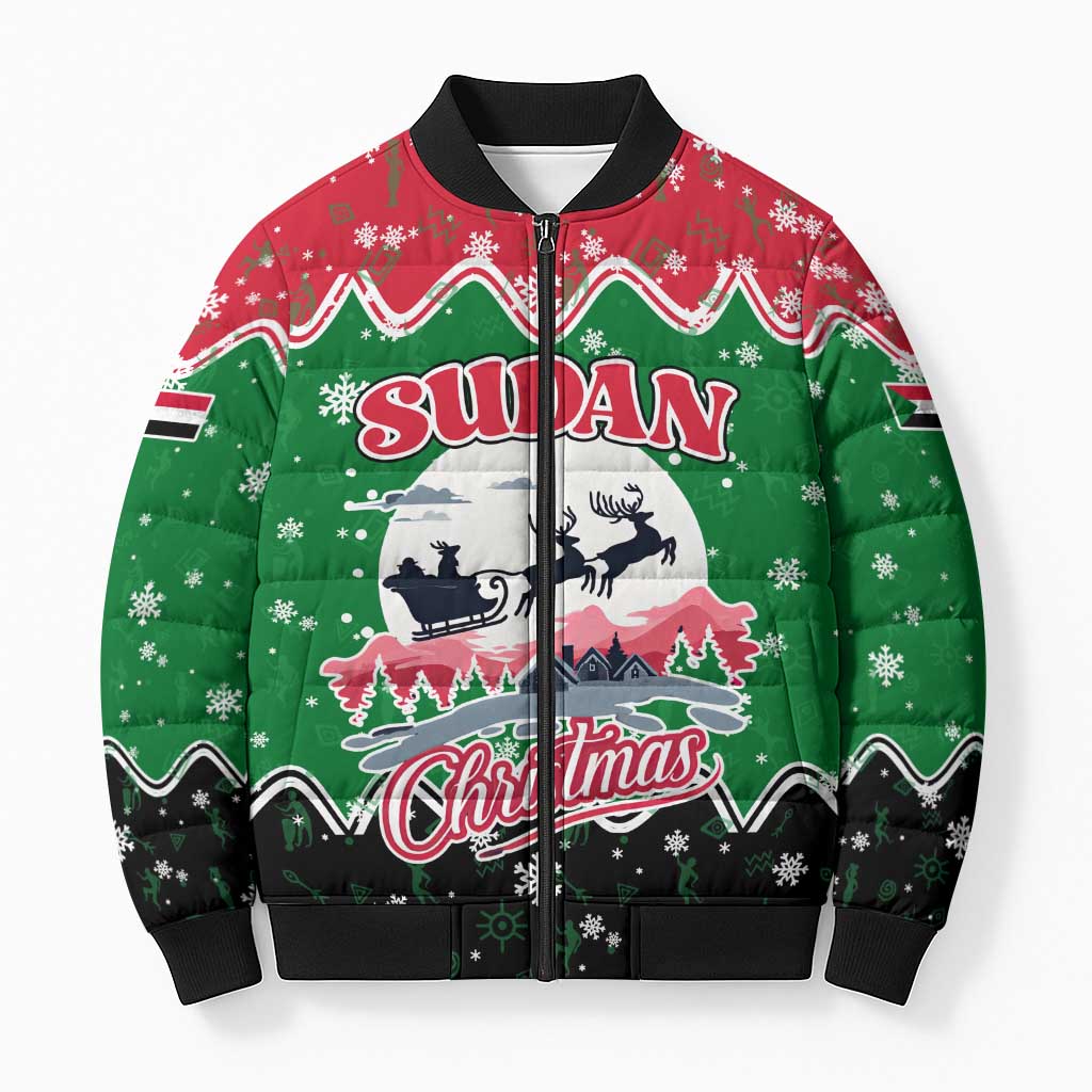 Sudan Christmas Bomber Puffer Jacket with Red Green Black Xmas Santa Sleigh and Map - Wonder Print Shop