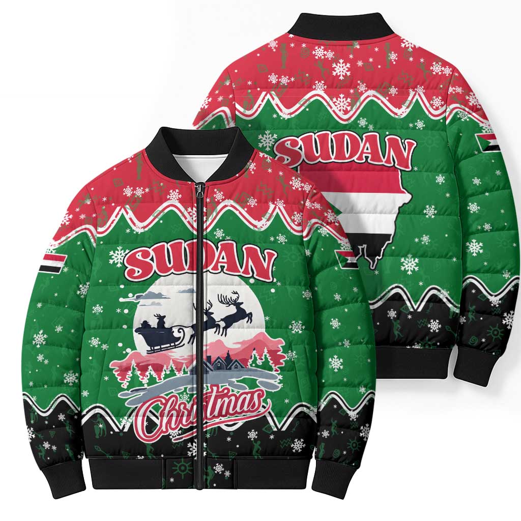 Sudan Christmas Bomber Puffer Jacket with Red Green Black Xmas Santa Sleigh and Map - Wonder Print Shop