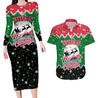 Sudan Christmas Couples Matching Long Sleeve Bodycon Dress and Hawaiian Shirt with Red Green Black Xmas Santa Sleigh and Map - Wonder Print Shop