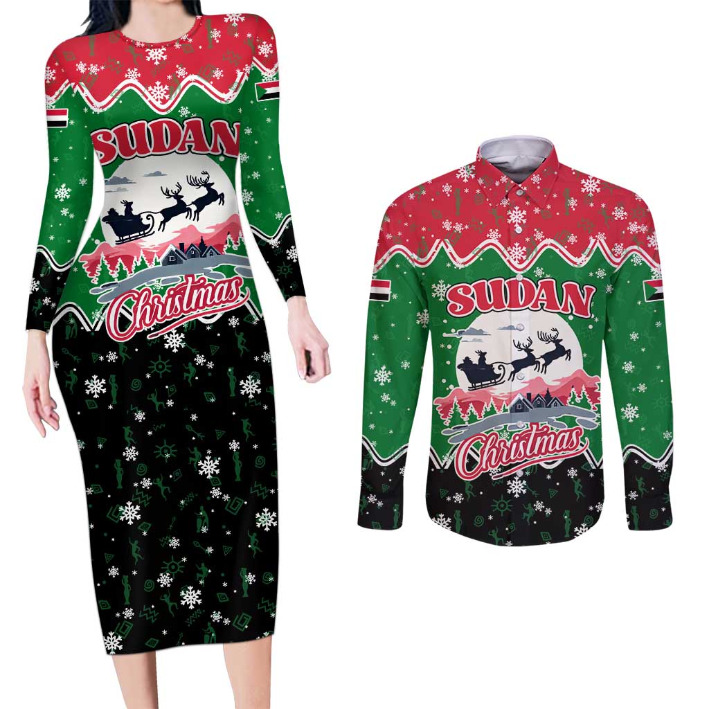 Sudan Christmas Couples Matching Long Sleeve Bodycon Dress and Long Sleeve Button Shirt with Red Green Black Xmas Santa Sleigh and Map - Wonder Print Shop