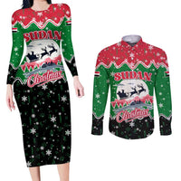 Sudan Christmas Couples Matching Long Sleeve Bodycon Dress and Long Sleeve Button Shirt with Red Green Black Xmas Santa Sleigh and Map - Wonder Print Shop