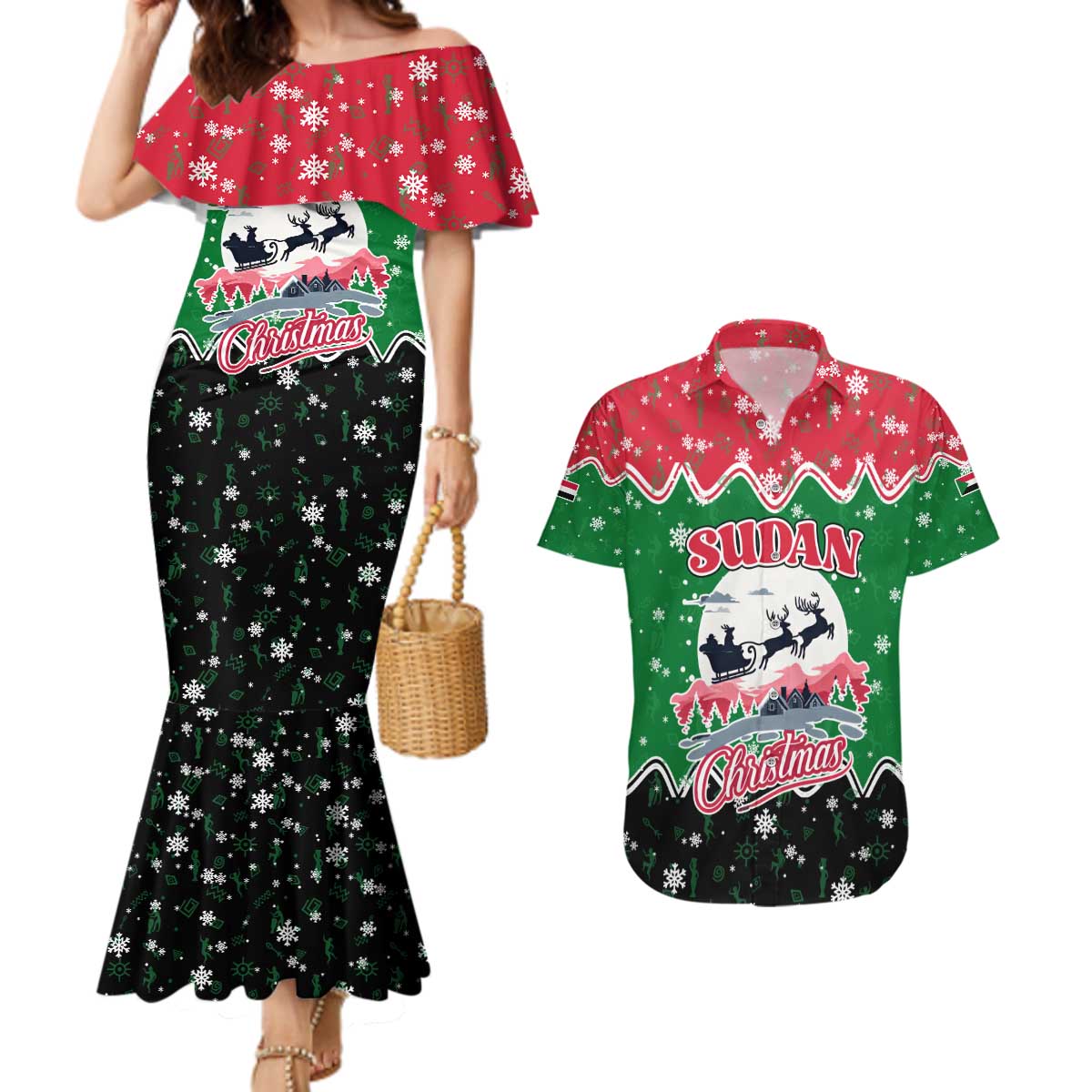 Sudan Christmas Couples Matching Mermaid Dress and Hawaiian Shirt with Red Green Black Xmas Santa Sleigh and Map - Wonder Print Shop