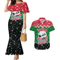 Sudan Christmas Couples Matching Mermaid Dress and Hawaiian Shirt with Red Green Black Xmas Santa Sleigh and Map - Wonder Print Shop