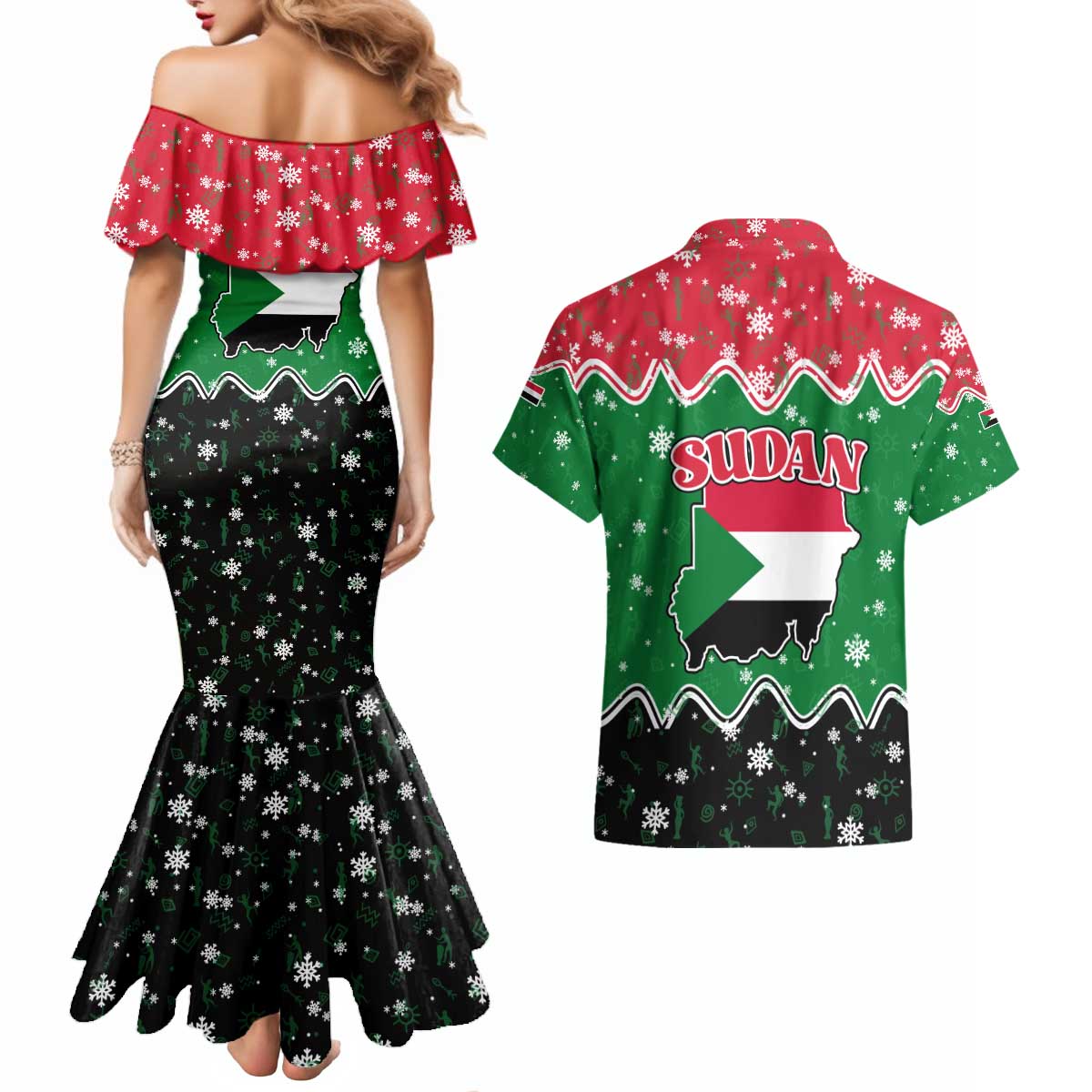 Sudan Christmas Couples Matching Mermaid Dress and Hawaiian Shirt with Red Green Black Xmas Santa Sleigh and Map - Wonder Print Shop