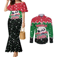 Sudan Christmas Couples Matching Mermaid Dress and Long Sleeve Button Shirt with Red Green Black Xmas Santa Sleigh and Map - Wonder Print Shop