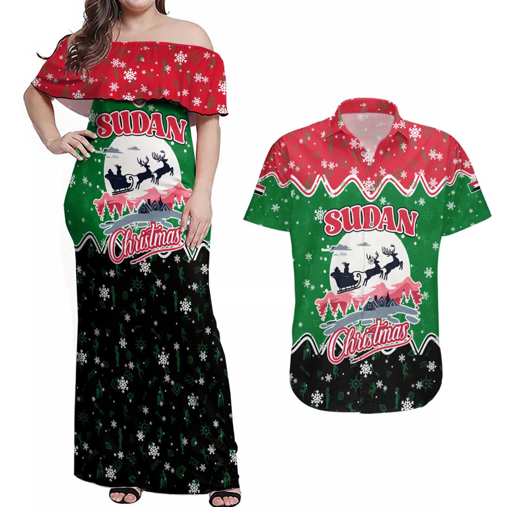 Sudan Christmas Couples Matching Off Shoulder Maxi Dress and Hawaiian Shirt with Red Green Black Xmas Santa Sleigh and Map - Wonder Print Shop