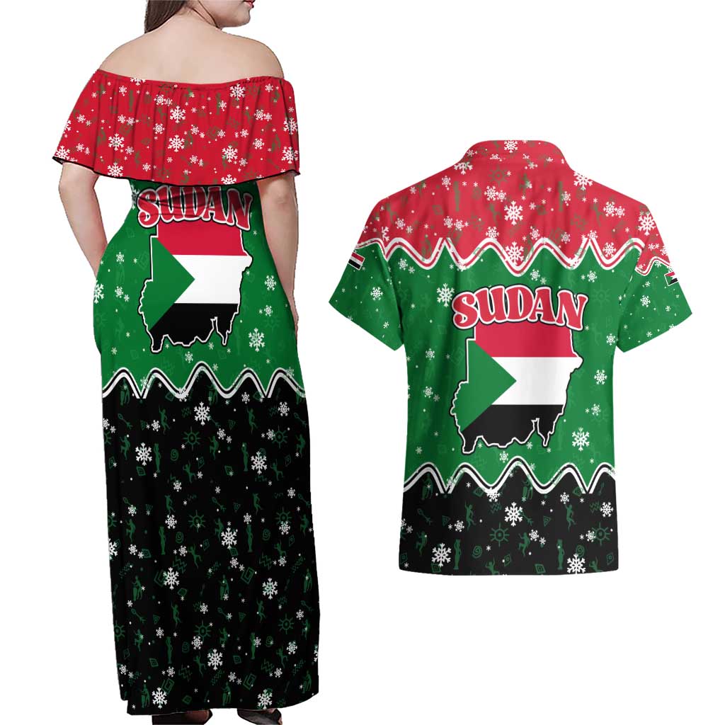 Sudan Christmas Couples Matching Off Shoulder Maxi Dress and Hawaiian Shirt with Red Green Black Xmas Santa Sleigh and Map - Wonder Print Shop