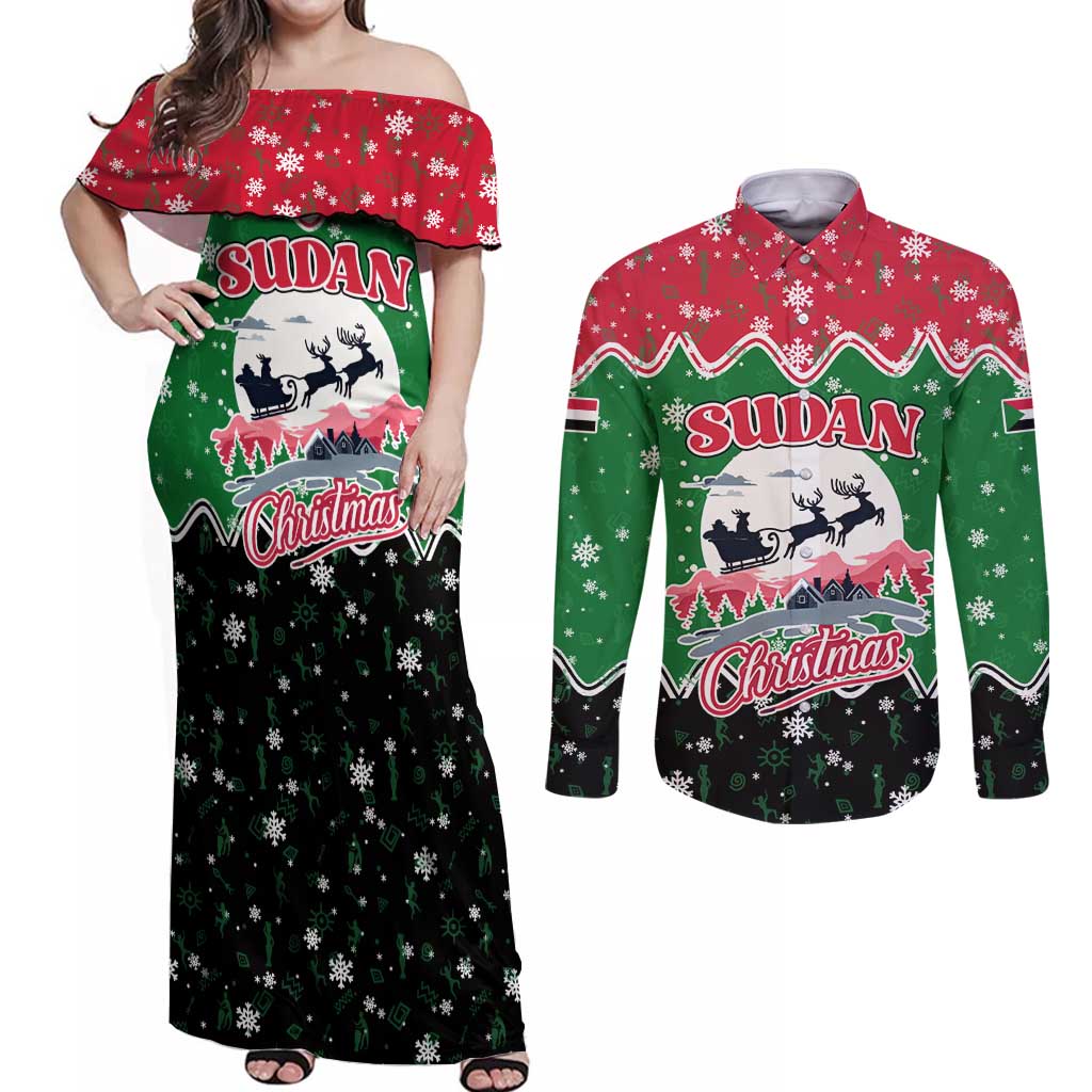 Sudan Christmas Couples Matching Off Shoulder Maxi Dress and Long Sleeve Button Shirt with Red Green Black Xmas Santa Sleigh and Map - Wonder Print Shop