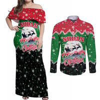 Sudan Christmas Couples Matching Off Shoulder Maxi Dress and Long Sleeve Button Shirt with Red Green Black Xmas Santa Sleigh and Map - Wonder Print Shop