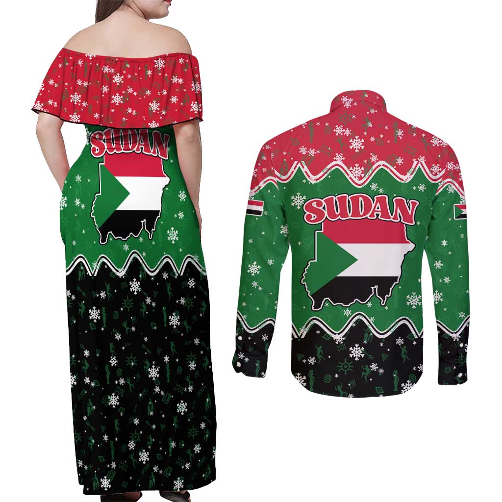 Sudan Christmas Couples Matching Off Shoulder Maxi Dress and Long Sleeve Button Shirt with Red Green Black Xmas Santa Sleigh and Map - Wonder Print Shop