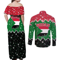Sudan Christmas Couples Matching Off Shoulder Maxi Dress and Long Sleeve Button Shirt with Red Green Black Xmas Santa Sleigh and Map - Wonder Print Shop