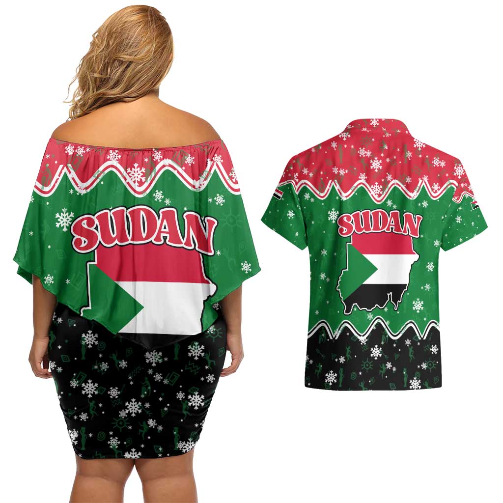 Sudan Christmas Couples Matching Off Shoulder Short Dress and Hawaiian Shirt with Red Green Black Xmas Santa Sleigh and Map - Wonder Print Shop