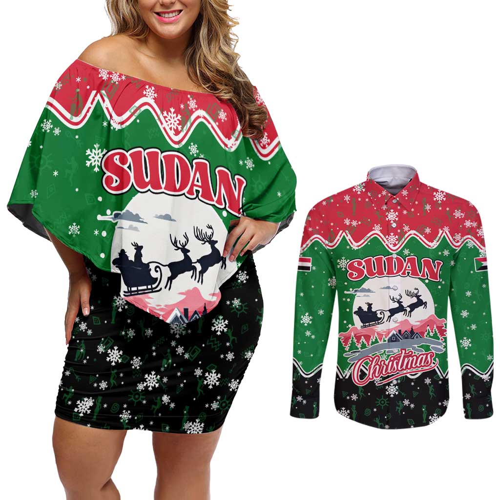 Sudan Christmas Couples Matching Off Shoulder Short Dress and Long Sleeve Button Shirt with Red Green Black Xmas Santa Sleigh and Map - Wonder Print Shop