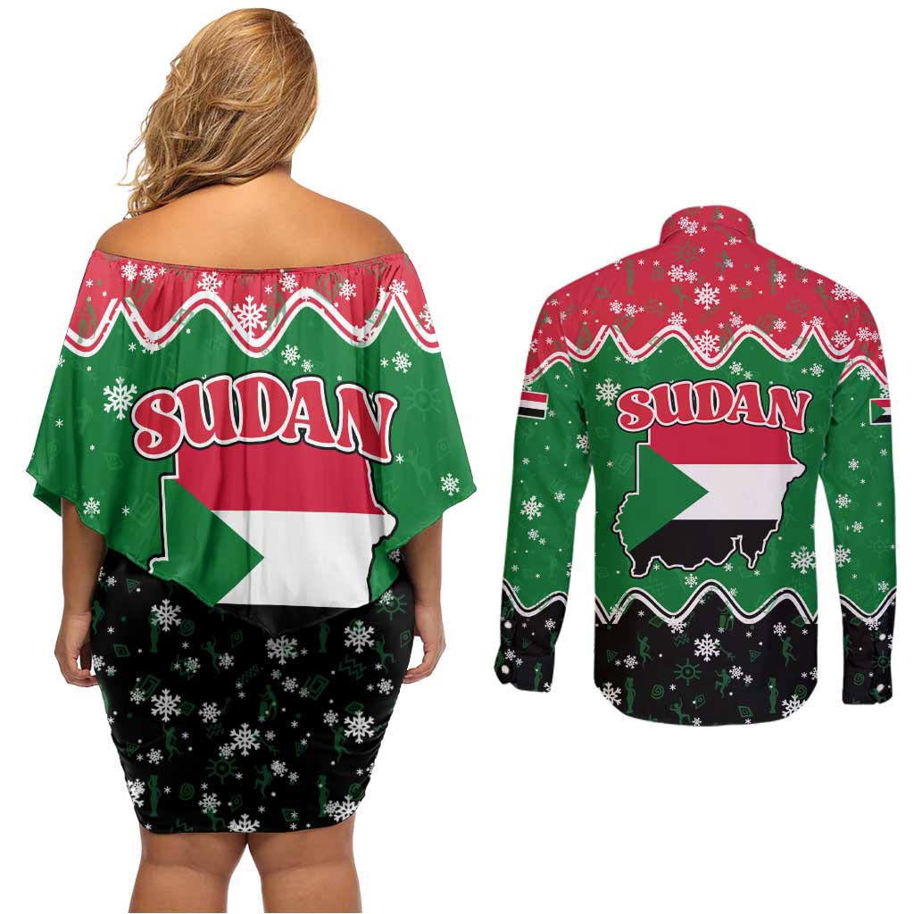Sudan Christmas Couples Matching Off Shoulder Short Dress and Long Sleeve Button Shirt with Red Green Black Xmas Santa Sleigh and Map - Wonder Print Shop