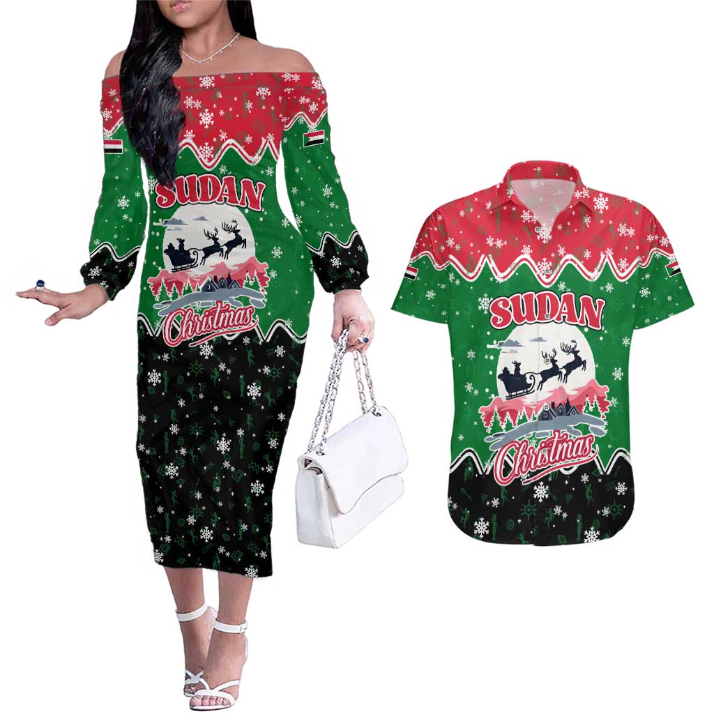 Sudan Christmas Couples Matching Off The Shoulder Long Sleeve Dress and Hawaiian Shirt with Red Green Black Xmas Santa Sleigh and Map - Wonder Print Shop