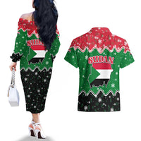 Sudan Christmas Couples Matching Off The Shoulder Long Sleeve Dress and Hawaiian Shirt with Red Green Black Xmas Santa Sleigh and Map - Wonder Print Shop