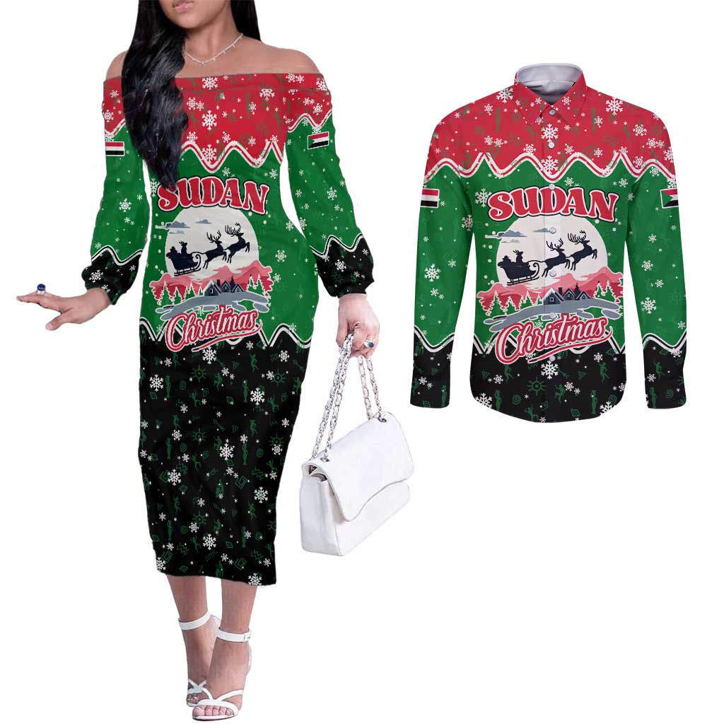 Sudan Christmas Couples Matching Off The Shoulder Long Sleeve Dress and Long Sleeve Button Shirt with Red Green Black Xmas Santa Sleigh and Map - Wonder Print Shop