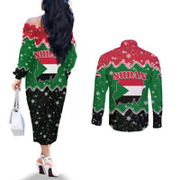 Sudan Christmas Couples Matching Off The Shoulder Long Sleeve Dress and Long Sleeve Button Shirt with Red Green Black Xmas Santa Sleigh and Map - Wonder Print Shop