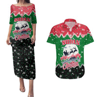 Sudan Christmas Couples Matching Puletasi and Hawaiian Shirt with Red Green Black Xmas Santa Sleigh and Map - Wonder Print Shop