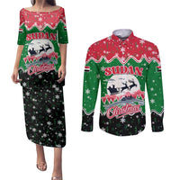Sudan Christmas Couples Matching Puletasi and Long Sleeve Button Shirt with Red Green Black Xmas Santa Sleigh and Map - Wonder Print Shop