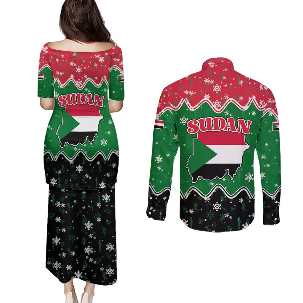 Sudan Christmas Couples Matching Puletasi and Long Sleeve Button Shirt with Red Green Black Xmas Santa Sleigh and Map - Wonder Print Shop