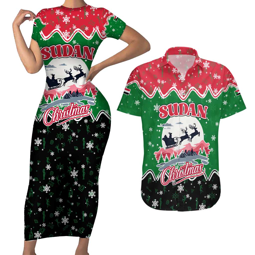 Sudan Christmas Couples Matching Short Sleeve Bodycon Dress and Hawaiian Shirt with Red Green Black Xmas Santa Sleigh and Map - Wonder Print Shop