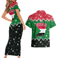 Sudan Christmas Couples Matching Short Sleeve Bodycon Dress and Hawaiian Shirt with Red Green Black Xmas Santa Sleigh and Map - Wonder Print Shop