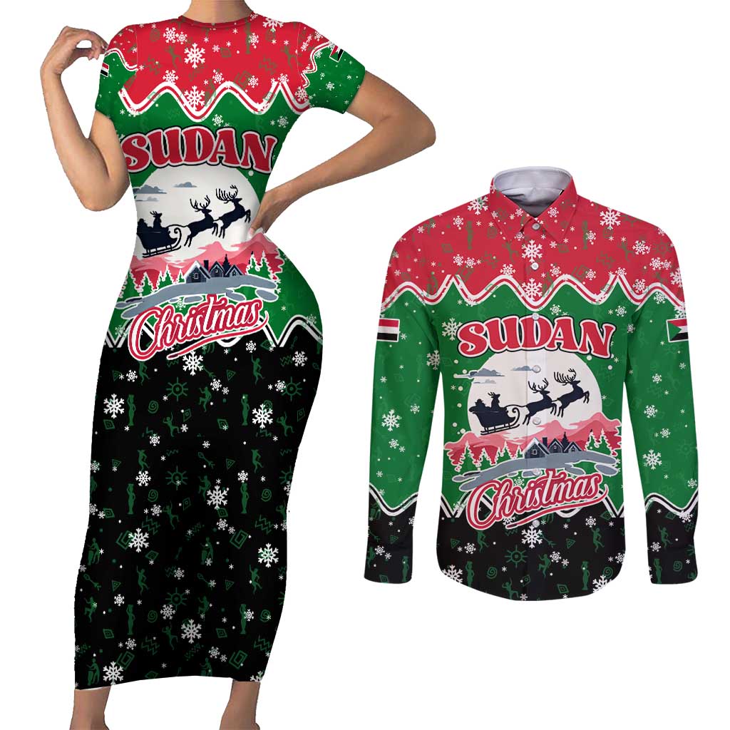 Sudan Christmas Couples Matching Short Sleeve Bodycon Dress and Long Sleeve Button Shirt with Red Green Black Xmas Santa Sleigh and Map - Wonder Print Shop